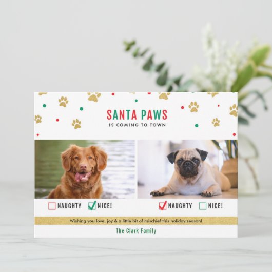 Santa Paws Naughty of Nice Two Dog Photo Card Feestdagenkaart (Staand voorkant)