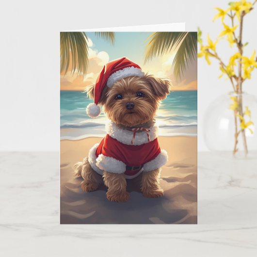 Santa Paws Takes the Beach – Shih Tzu Christmas Kaart (Gele Bloem)