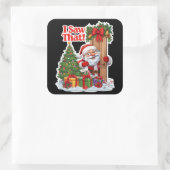 Santa Peeking Door Black Background Vierkante Sticker (Tas)