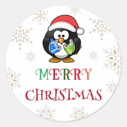 santa penguin , een kleurrijke kerstman ronde sticker (Voorkant)