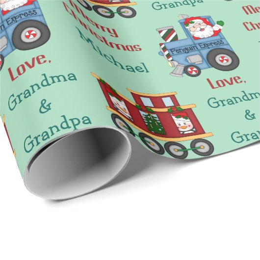 Santa Penguin Train Kinder Kerst Cadeaupapier (Rol Hoek)