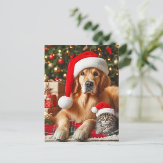 Santa Pets Golden Retriever en Kitten Kerstmis Briefkaart (Staand voorkant)