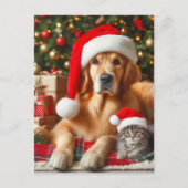 Santa Pets Golden Retriever en Kitten Kerstmis Briefkaart (Voorkant)