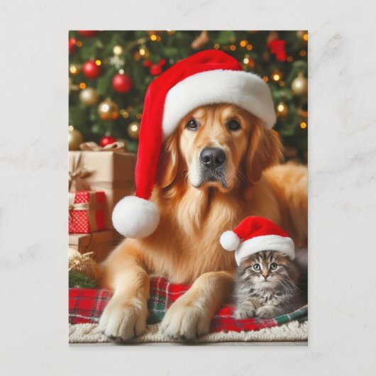Santa Pets Golden Retriever en Kitten Kerstmis Briefkaart (Voorkant)