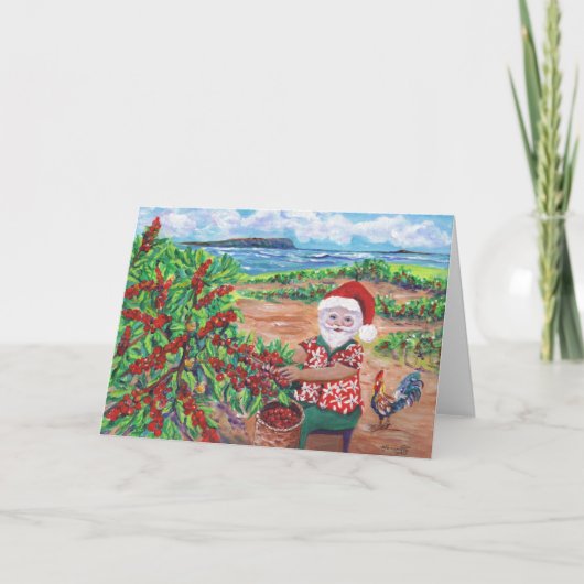 Santa Picking Coffee op Kauai Hawaii Holiday Kaart (Voorkant)