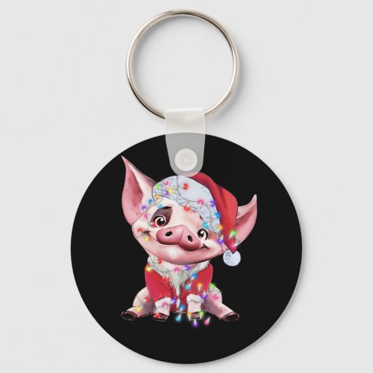 Santa Pig Christmas Lights Pig Lover Christmas Sleutelhanger (Voorkant)