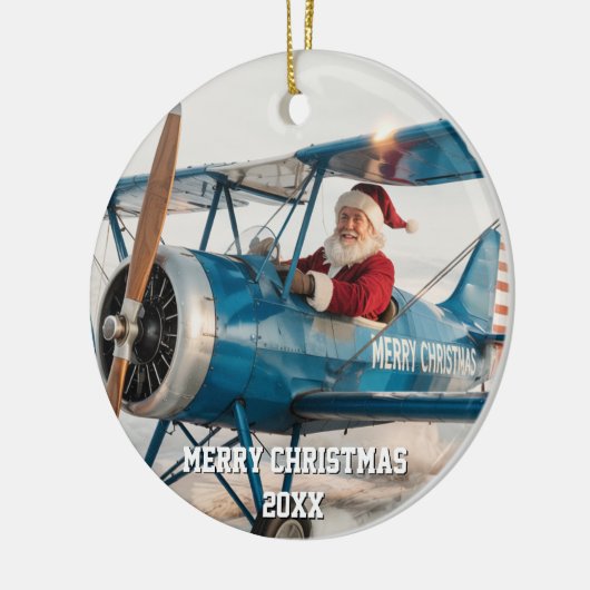 Santa Pilot vliegt vliegtuig grappige foto kerst Keramisch Ornament (Links)