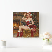 Santa Pin-up Art Vierkante Klok (Huis)