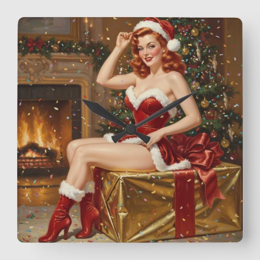  Santa Pin-up Art Vierkante Klok (Voorkant)