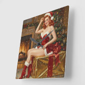  Santa Pin-up Art Vierkante Klok (Hoek)