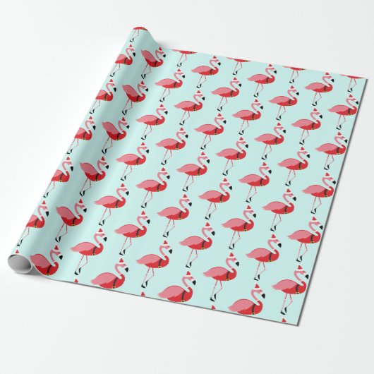 Santa Pink Flamingo Blue Kerstmis Cadeaupapier (Uitgerold)