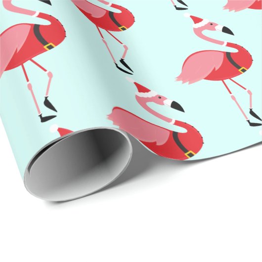 Santa Pink Flamingo Blue Kerstmis Cadeaupapier (Rol Hoek)