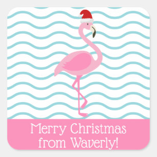 Santa Pink Flamingo Kerstcadeau Stickers