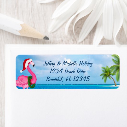 Santa Pink Flamingo kerststaartadres Etiket (Insitu)