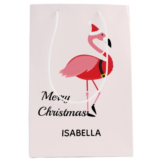 Santa Pink Flamingo Name Animal Merry Kerstry Medium Cadeauzakje (Voorkant)