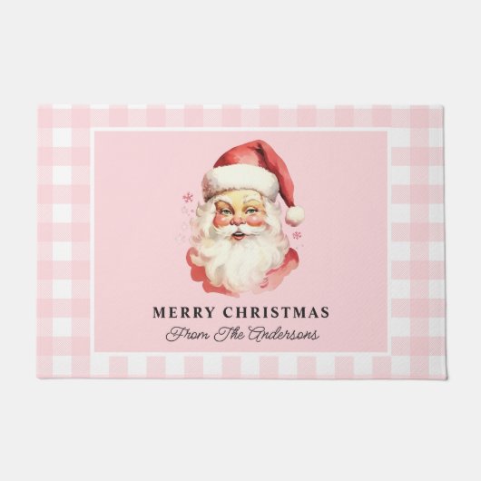 Santa Pink Gingham gepersonaliseerde kerst Deurmat (Voorkant)