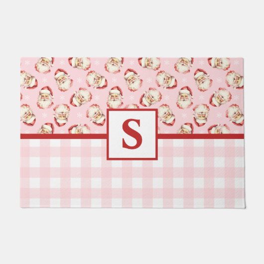  Santa Pink Gingham Monogrammed Christmas Deurmat (Voorkant)