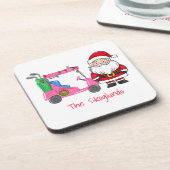 Santa Pink Golfkar met kerstverlichting Krans Bier Onderzetter (Linkerzijde)