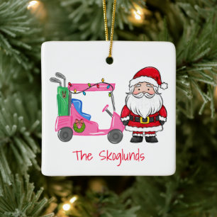 Santa Pink Golfkar met kerstverlichting Krans Keramisch Ornament