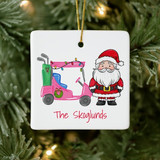 Santa Pink Golfkar met kerstverlichting Krans Keramisch Ornament (Boom)