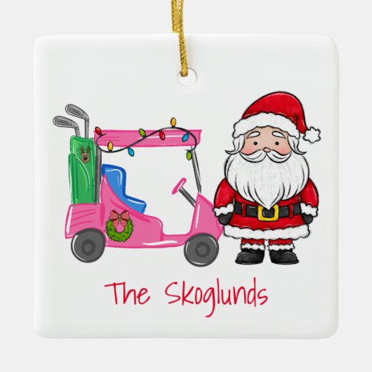 Santa Pink Golfkar met kerstverlichting Krans Keramisch Ornament (Voorkant)