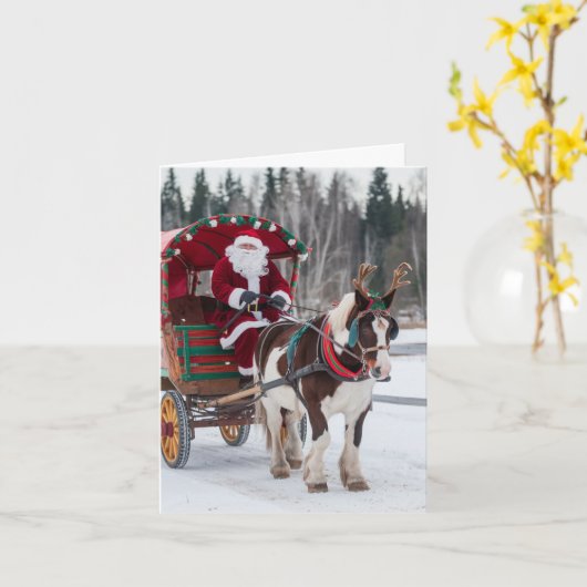 Santa Pinto Draft Horse Antlers Red Green Wagon Kaart (Gele Bloem)