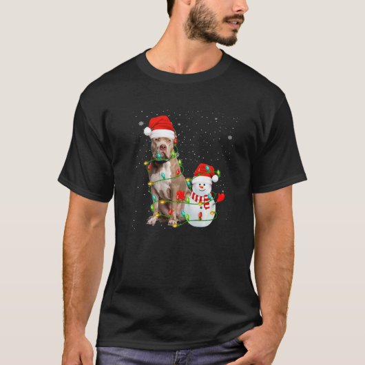 Santa Pitbull Terrier Dog Snowman Xmas Tree Lights T-shirt (Voorkant)
