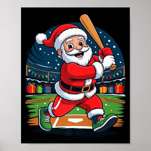 Santa Playing Baseball Funny Holiday Christmas Xma Poster (Voorkant)