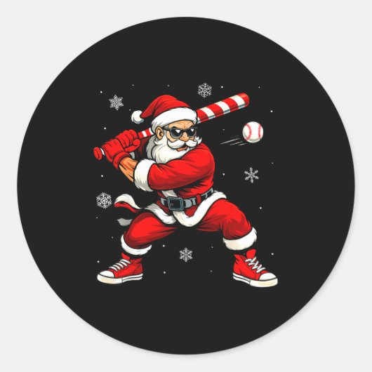 Santa Playing Baseball Xmas Funny Christmas Baseba Ronde Sticker (Voorkant)