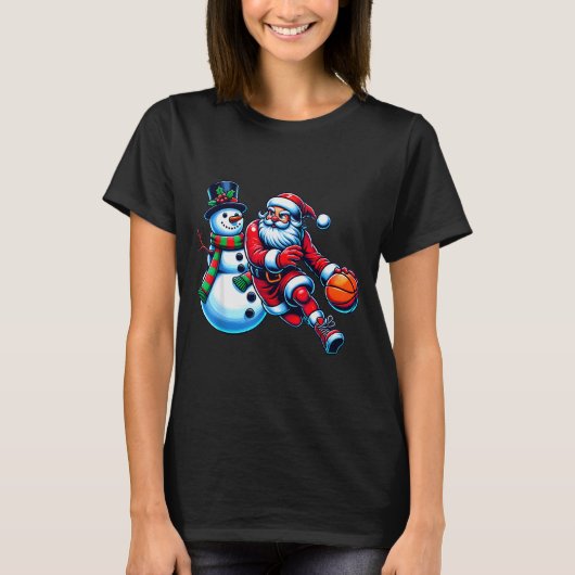 Santa Playing Basketball With A Snowman Christmas  T-shirt (Voorkant)