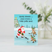 Santa Playing Hockey with Reindeer Christmas Briefkaart (Staand voorkant)