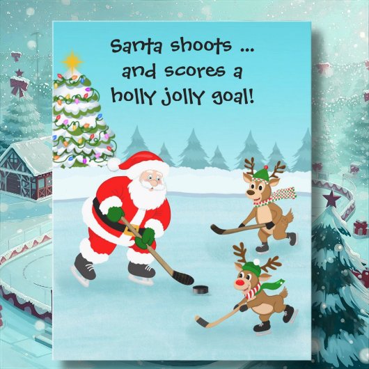 Santa Playing Hockey with Reindeer Christmas Briefkaart