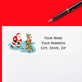 Santa Playing Hockey with Reindeer Christmas Etiket