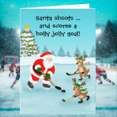 Santa Playing Hockey with Reindeer Christmas Kaart