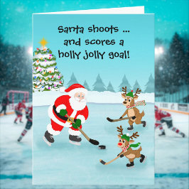 Santa Playing Hockey with Reindeer Christmas Kaart