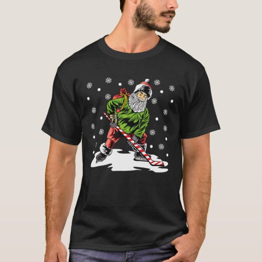Santa Playing Ice Hockey Christmas Pajama For T-shirt (Voorkant)