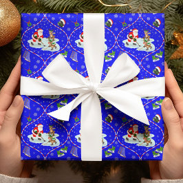 Santa Playing Ice Hockey Christmas Pattern Blue Cadeaupapier