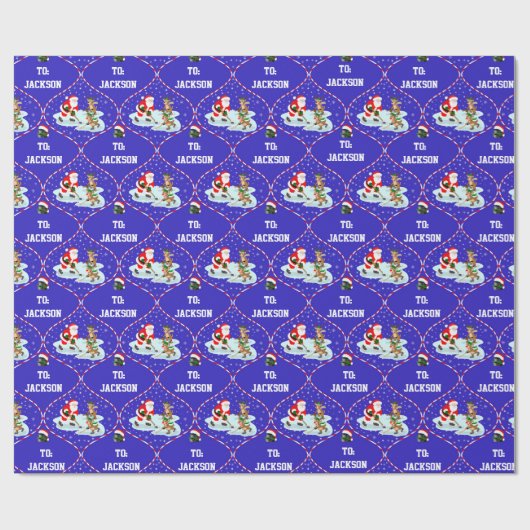 Santa Playing Ice Hockey Christmas Personalized Cadeaupapier (Vlak)