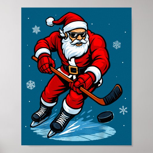Santa Playing Ice Hockey Xmas Funny Christmas Hock Poster (Voorkant)