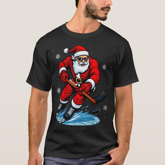 Santa Playing Ice Hockey Xmas Funny Christmas Hock T-shirt (Voorkant)