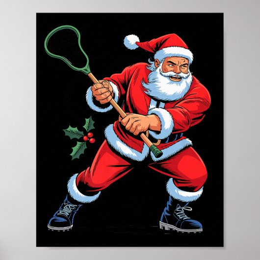 Santa Playing Lacrosse Funny Holiday Christmas Xma Poster (Voorkant)