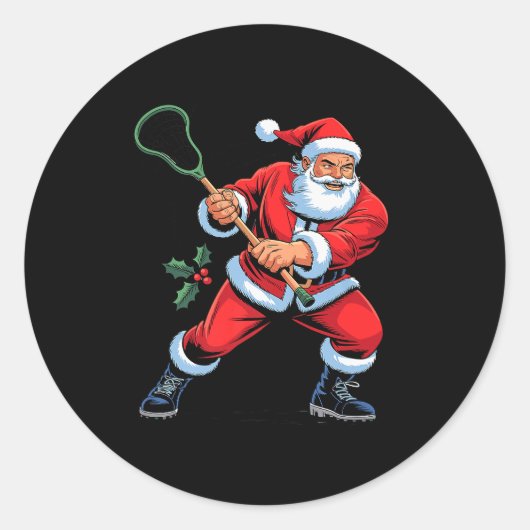 Santa Playing Lacrosse Funny Holiday Christmas Xma Ronde Sticker (Voorkant)