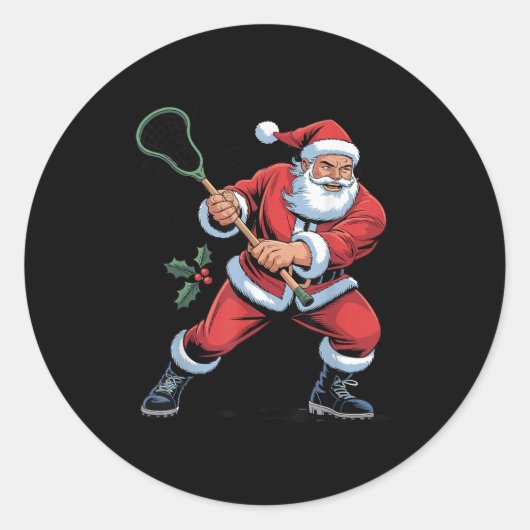 Santa Playing Lacrosse Funny Holiday Christmas Xma Ronde Sticker (Voorkant)