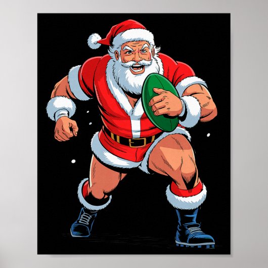 Santa Playing Rugby Funny Holiday Christmas Xmas P Poster (Voorkant)