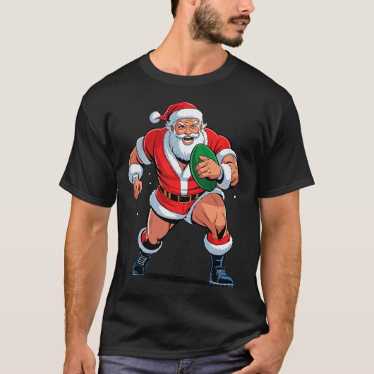 Santa Playing Rugby Funny Holiday Christmas Xmas P T-shirt (Voorkant)