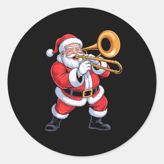 Santa Playing Trombone Funny Holiday Chrismas Xmas Ronde Sticker (Voorkant)