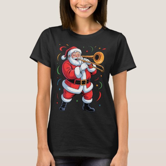 Santa Playing Trombone Funny Holiday Christmas Xma T-shirt (Voorkant)