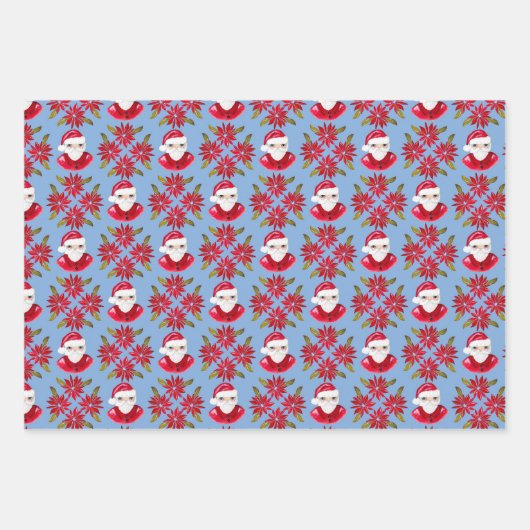 Santa Poinsettia Pepermunt Stripe Retro Kerstmis Inpakpapier Vel (Voorkant)