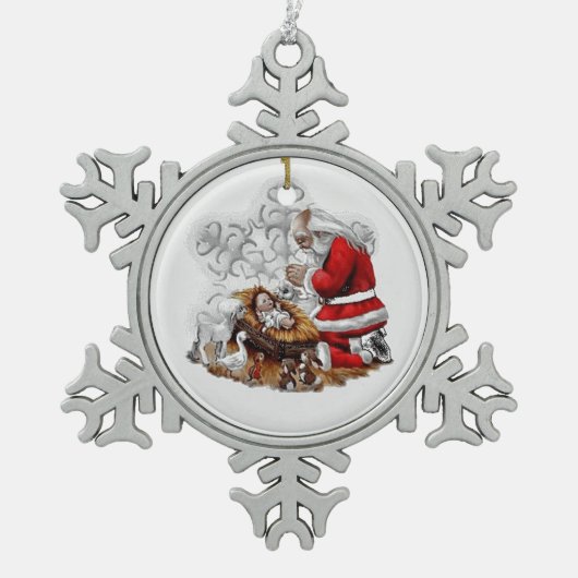 Santa Prayer over Baby Jesus Tin Sneeuwvlok Ornament (Voorkant)