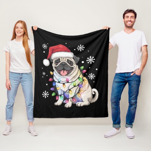 Santa Pug Christmas Lights Xmas Hondenliefhebber Fleece Deken (In situ)